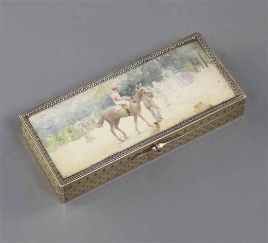 A engine-turned silver-gilt rectangular box inset a racing scene watercolour, inscribed from Queen Alexandra to Julia dHautpool, 1910